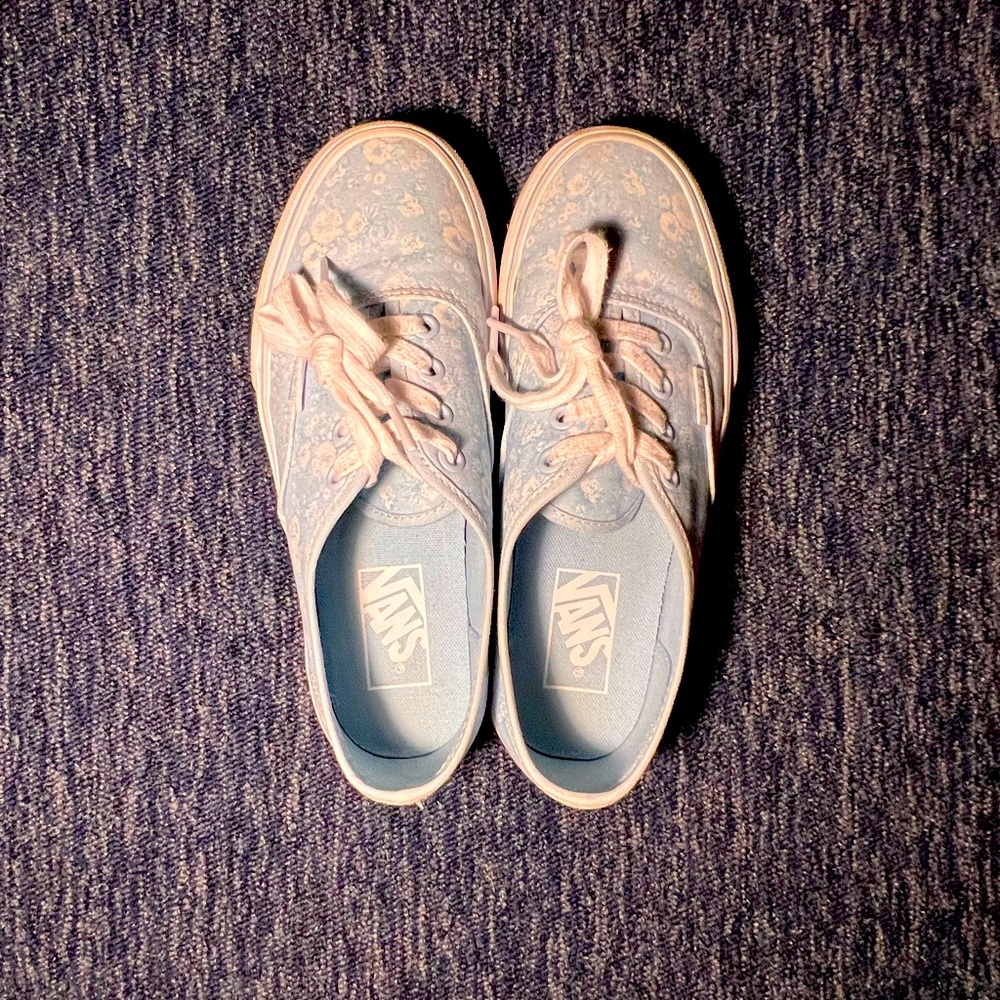 🌻 White-flower Blue Vans with Laces 🌻